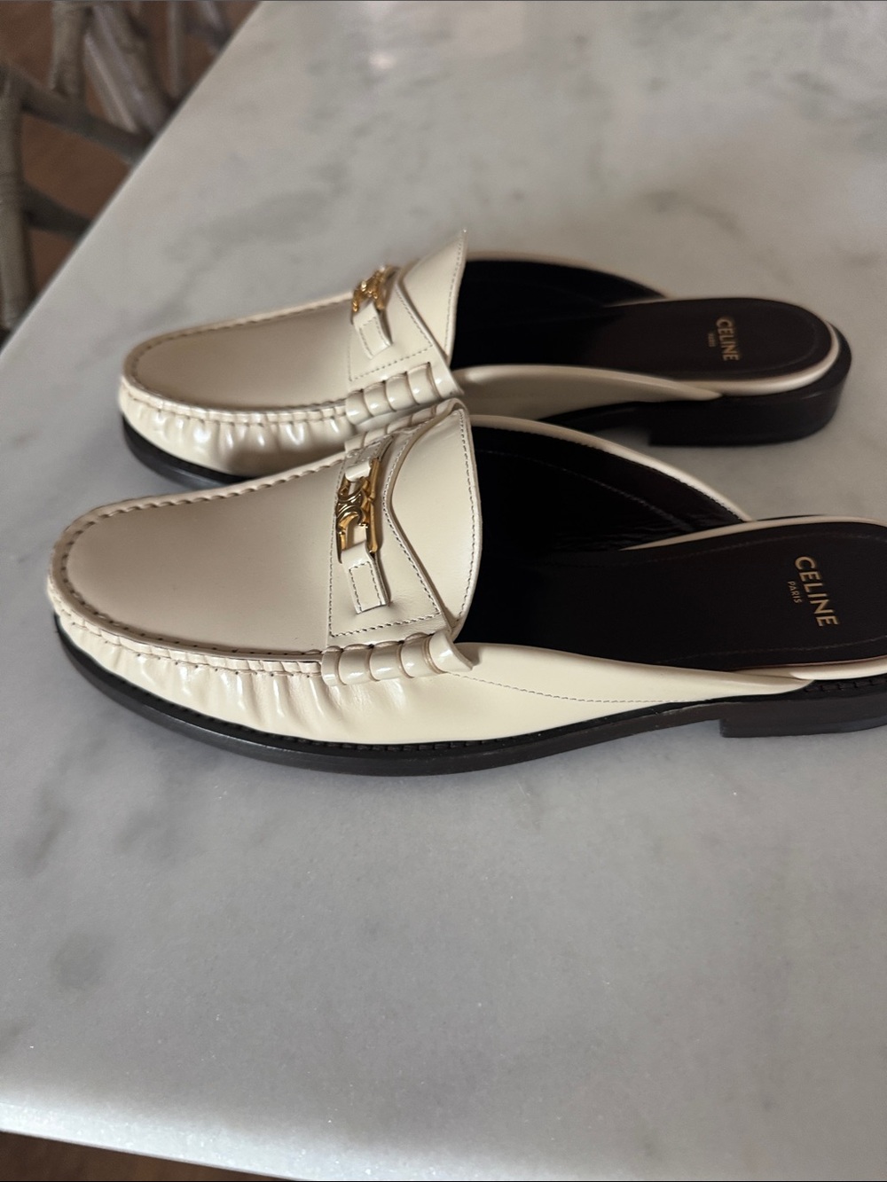 Celine Cream Leather Backless Loafer Slides with Gold Emblem - Picture 3 of 6